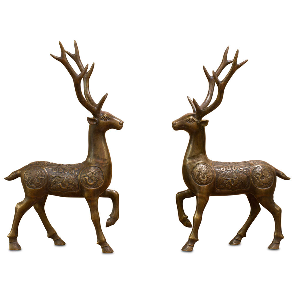 Bronze Chinese Prosperity Ring Deer Statues