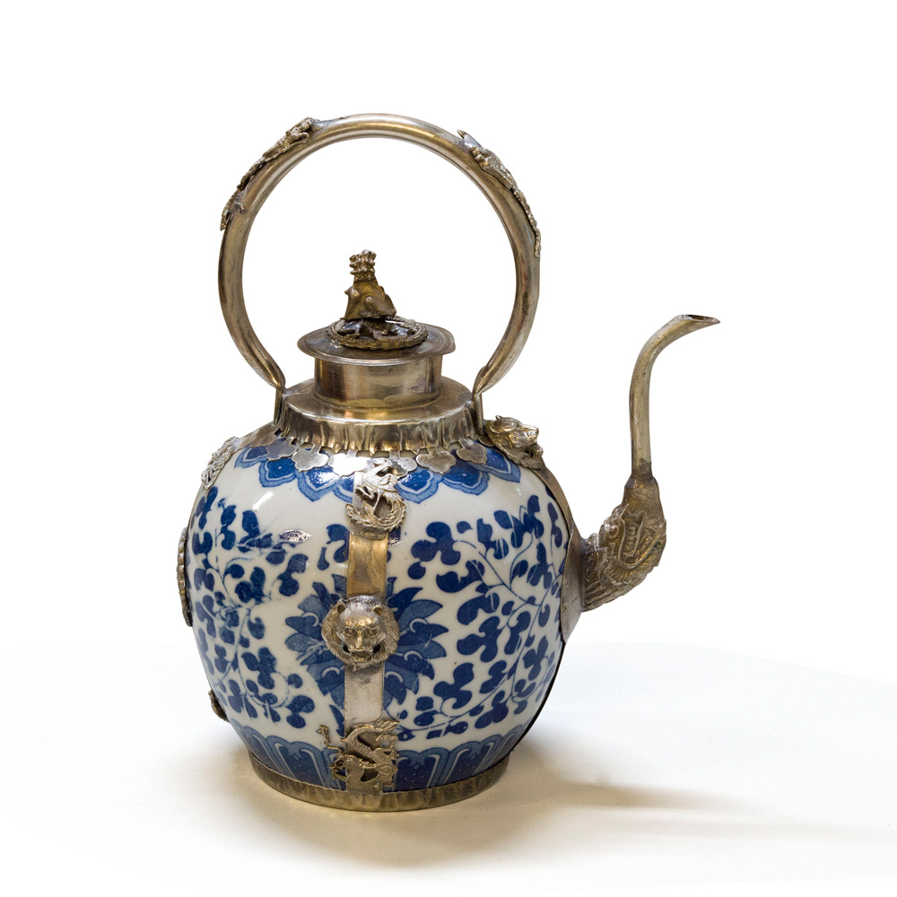 Tibetan Porcelain Teapot with Brass Embellishments