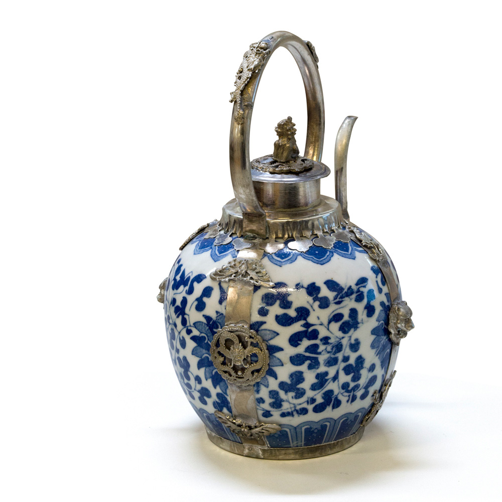 Tibetan Porcelain Teapot with Brass Embellishments