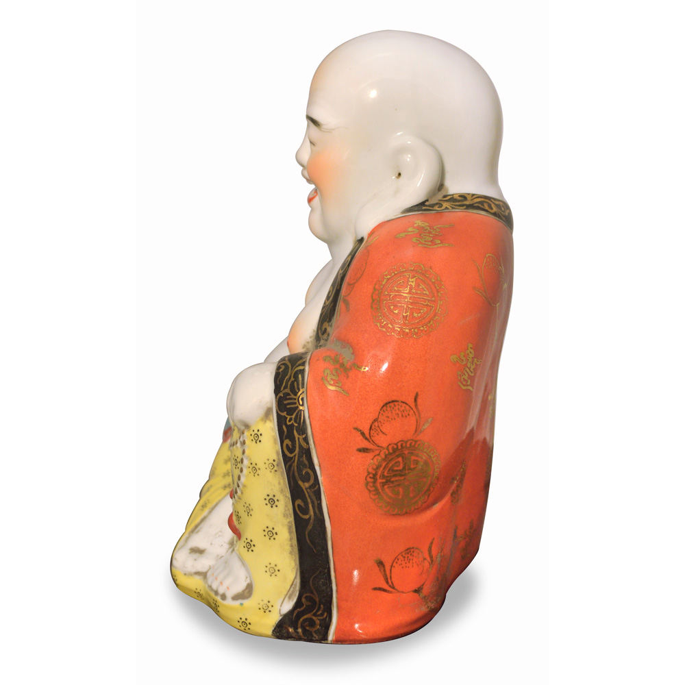 Porcelain Happy Buddha Asian Figurine in Orange and Black Robe