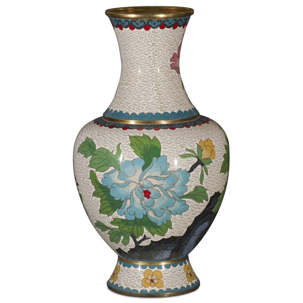 White Peony Motif Oriental Cloisonne Vase