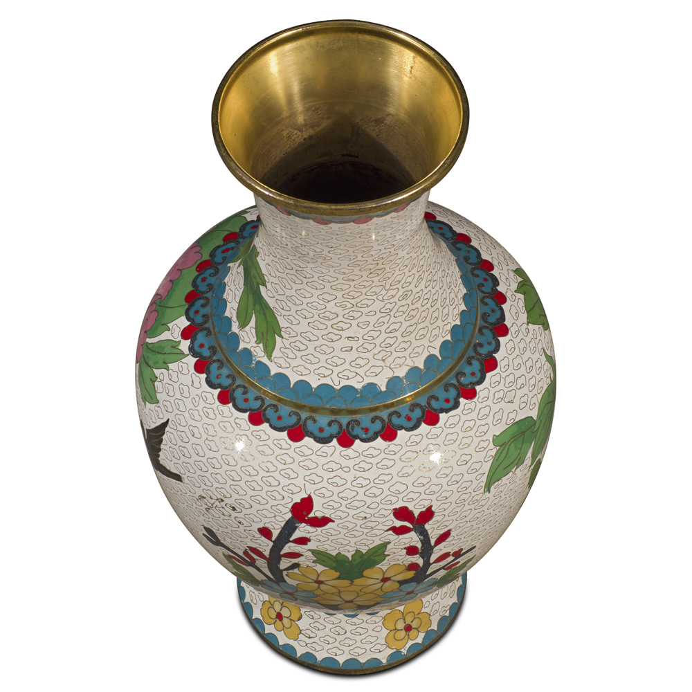 White Peony Motif Oriental Cloisonne Vase