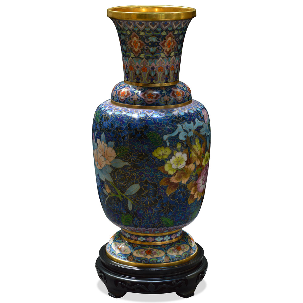 Blue Flower Bouquet Motif Oriental Cloisonne Vase with Wooden Stand