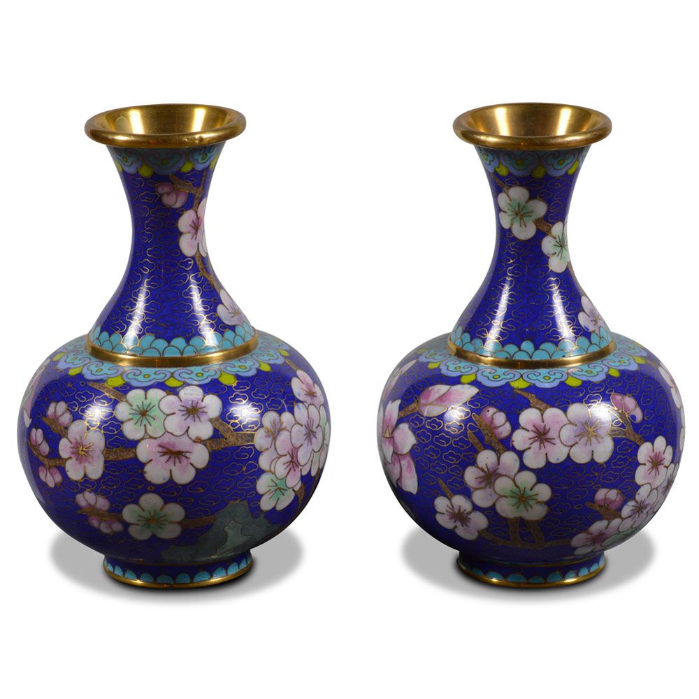 Blue Floral Motif Oriental Imperial Cloisonne Vase Set