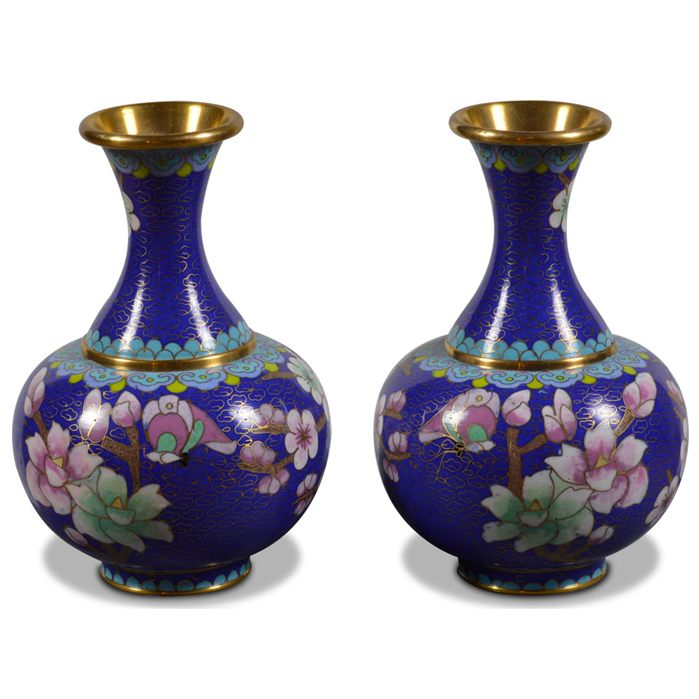 Blue Floral Motif Oriental Imperial Cloisonne Vase Set