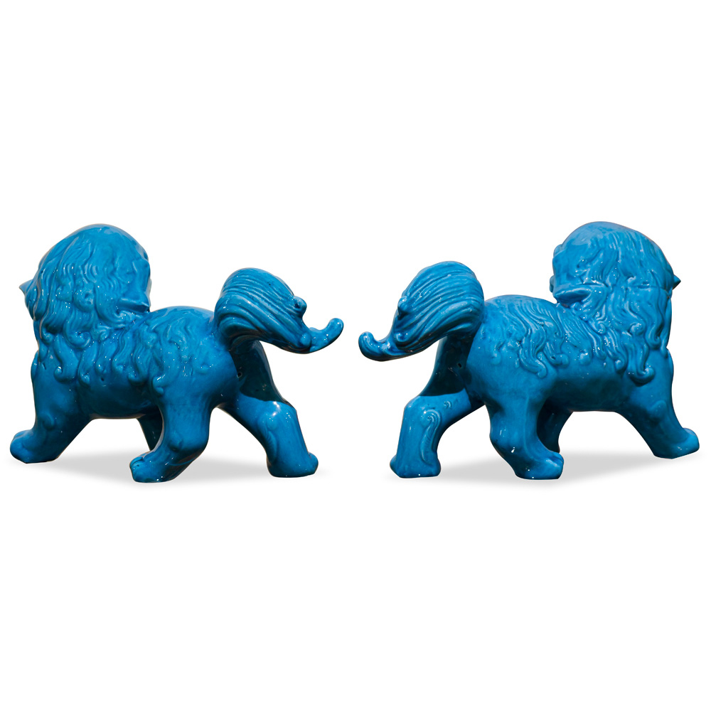 Blue Porcelain Standing Chinese Foo Dog Set