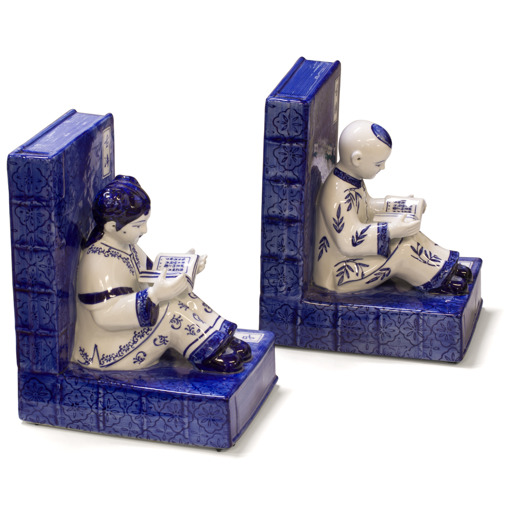 Blue and White Porcelain Reading Boy and Girl Asian Bookends