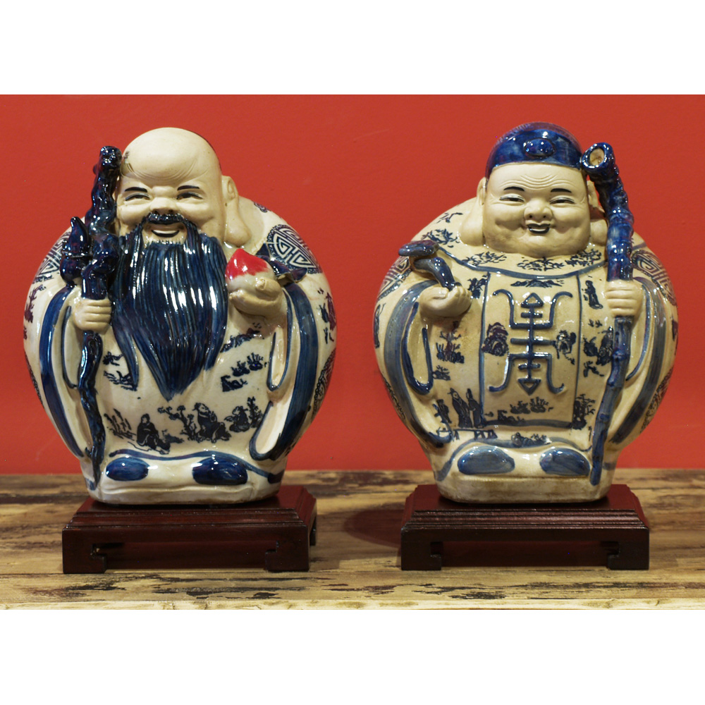 Blue and White Porcelain Gods of Longevity Oriental Figurines Set