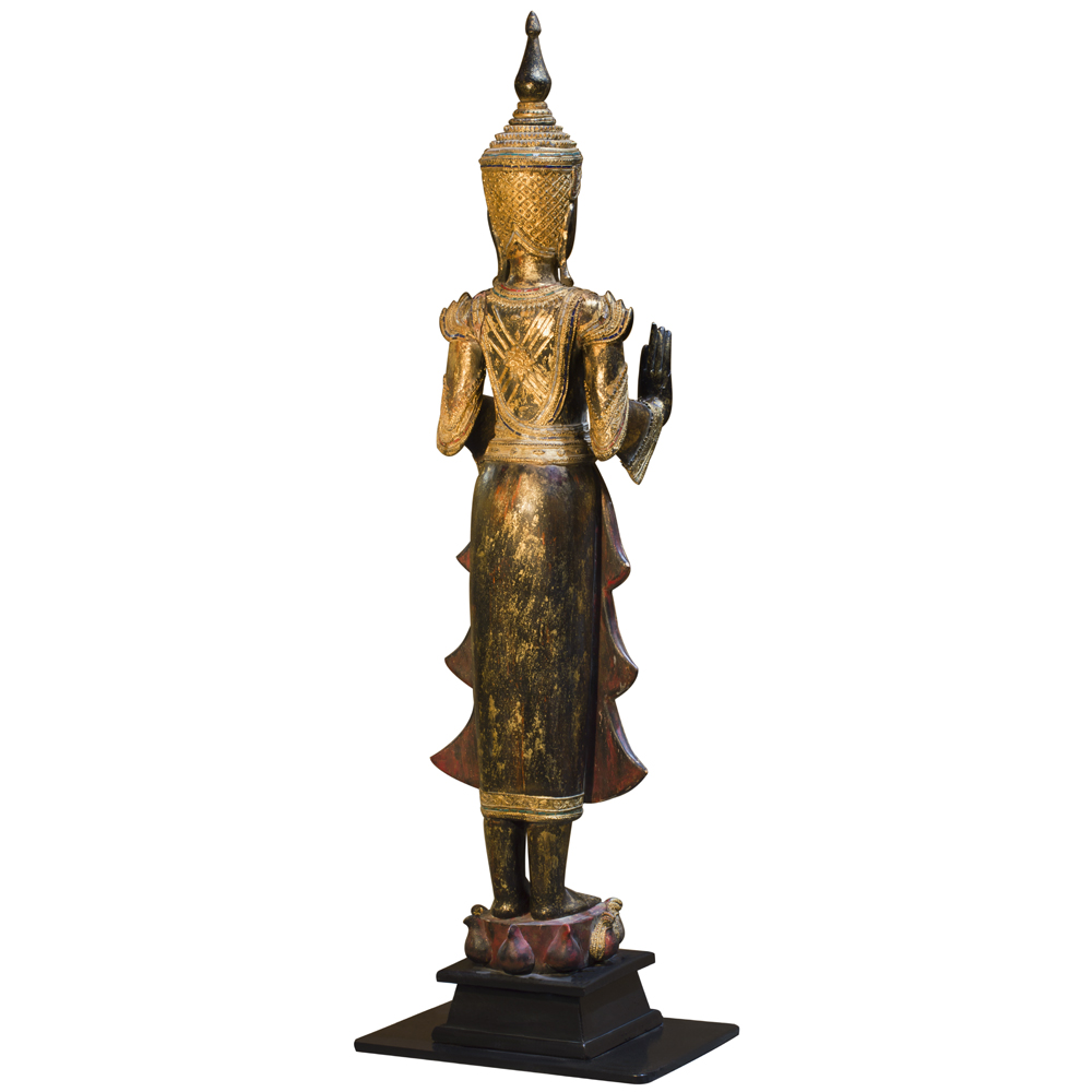 Gilded Teak Wood Standing Thai Buddha Statue