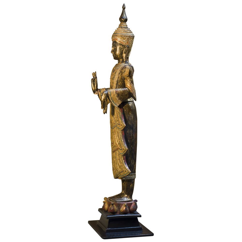 Gilded Teak Wood Standing Thai Buddha Statue