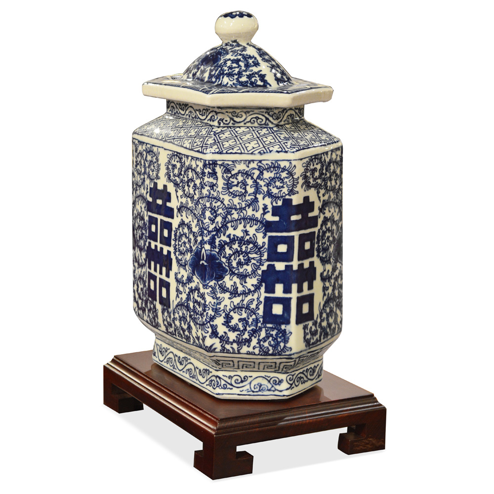 Blue and White Double Happiness Porcelain Chinese Tea Jar