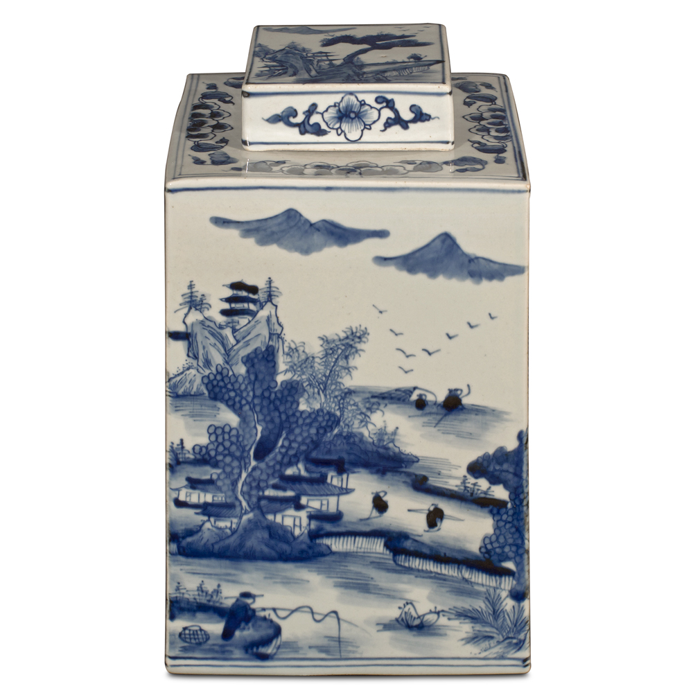 Blue and White Porcelain Scenery Chinese Tea Jar