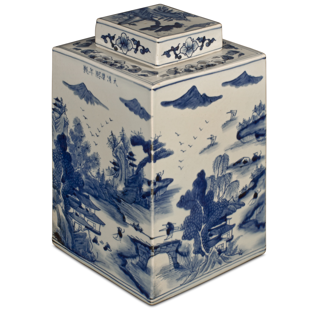 Blue and White Porcelain Scenery Chinese Tea Jar