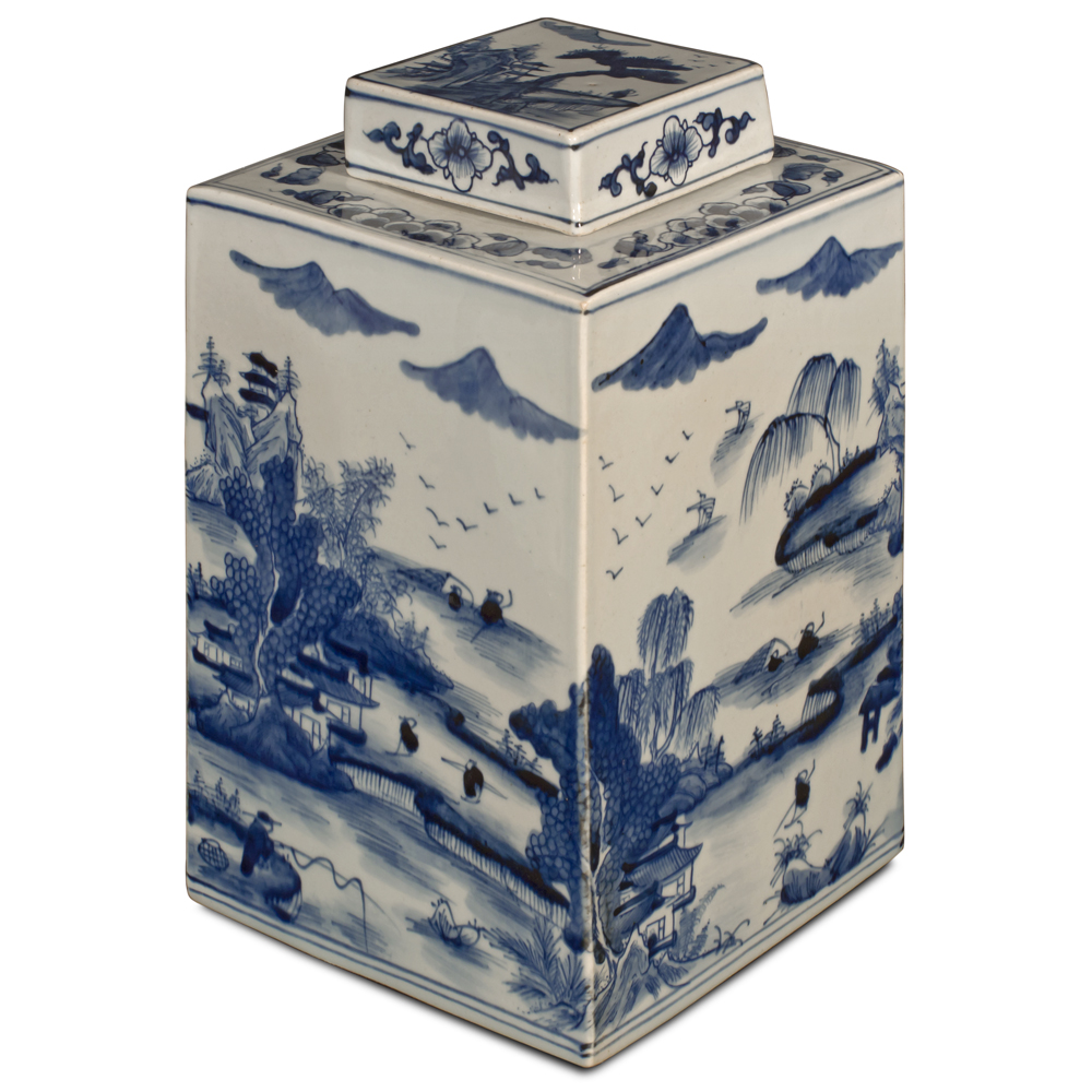 Blue and White Porcelain Scenery Chinese Tea Jar