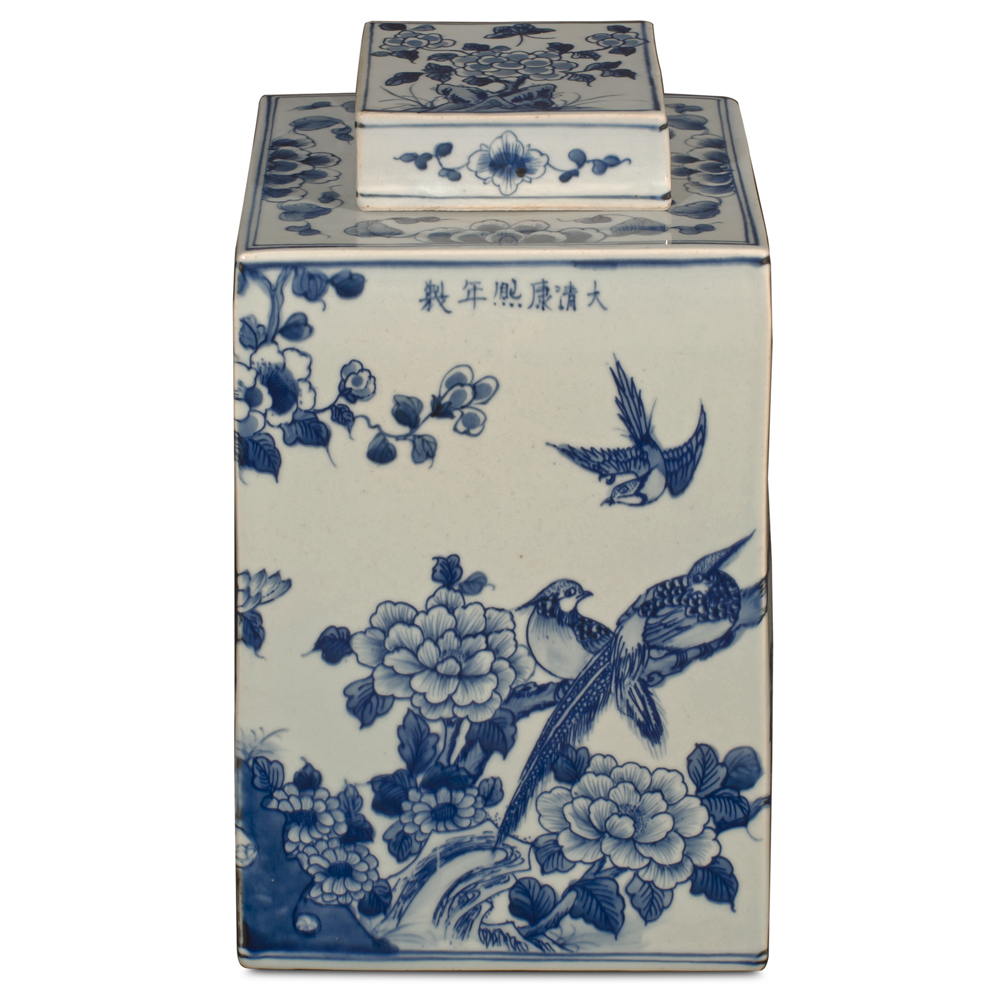 Blue and White Porcelain Flower and Birds Chinese Tea Jar