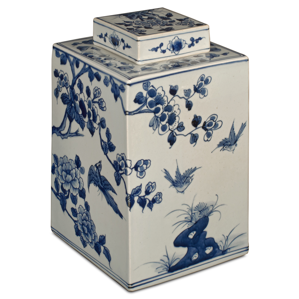 Blue and White Porcelain Flower and Birds Chinese Tea Jar