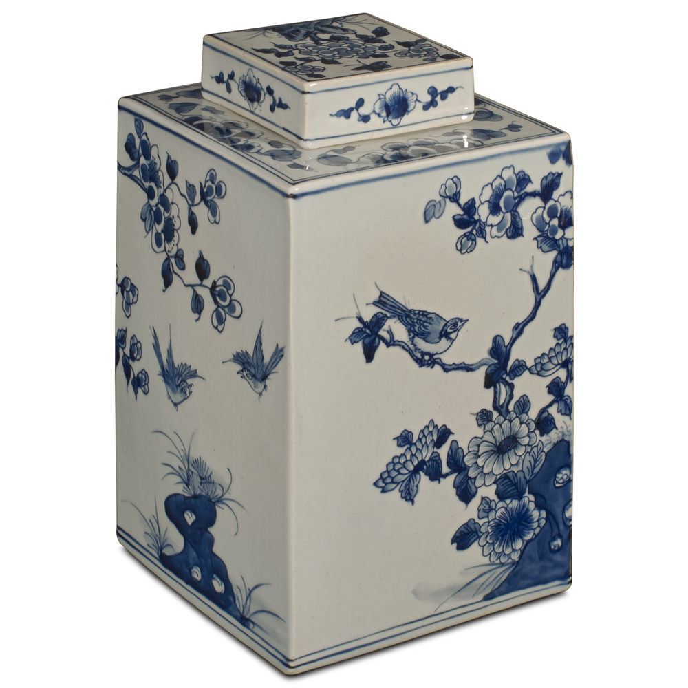 Blue and White Porcelain Flower and Birds Chinese Tea Jar