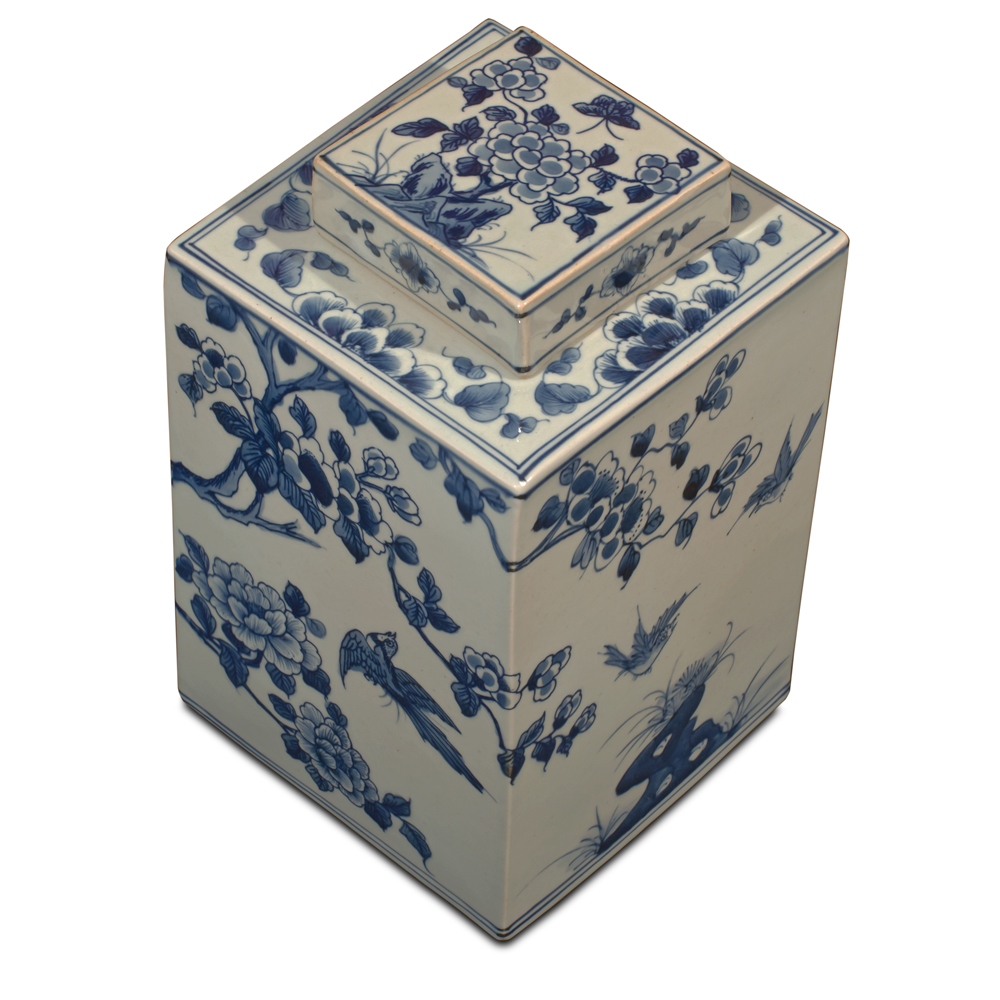 Blue and White Porcelain Flower and Birds Chinese Tea Jar