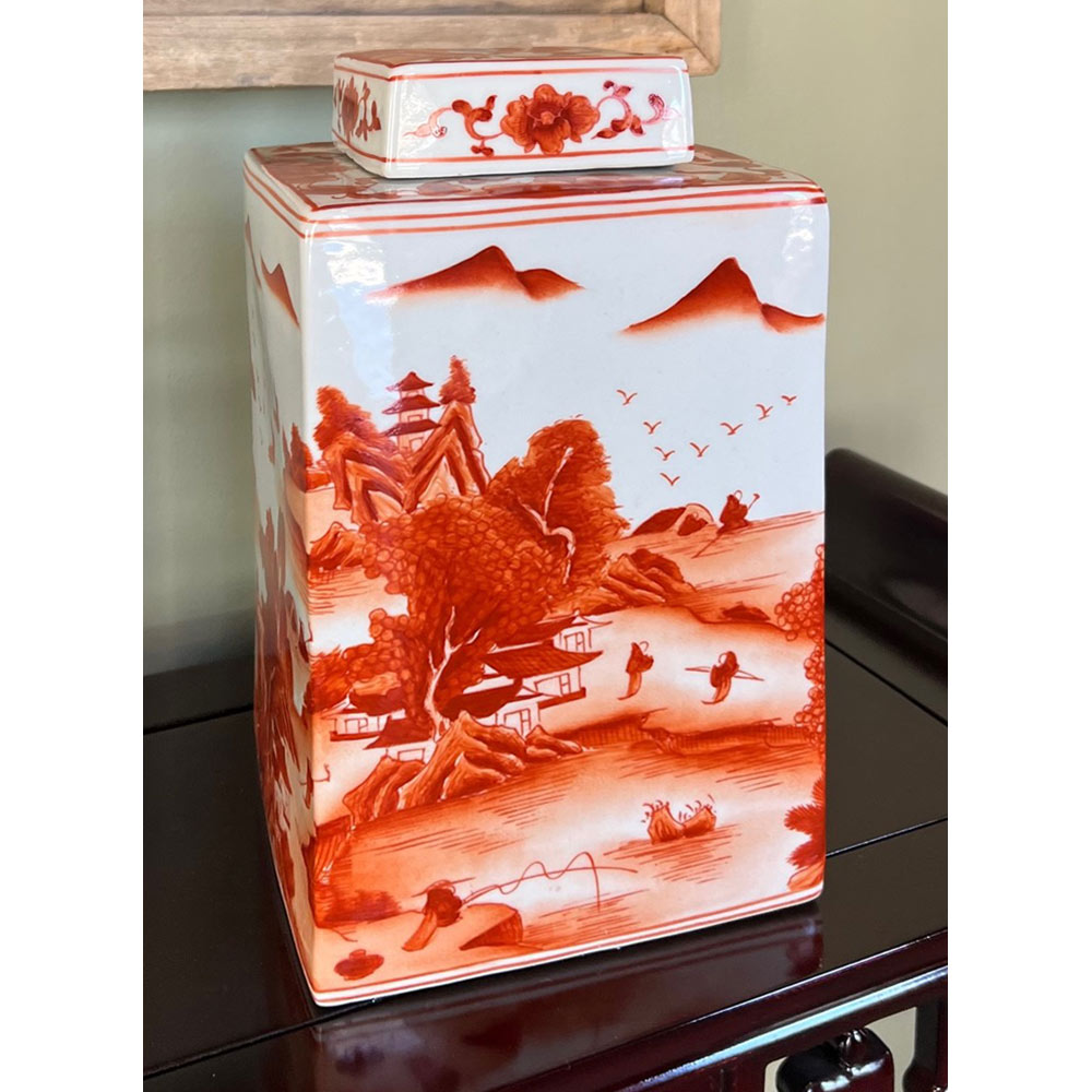 Red Orange Porcelain Scenery Chinese Tea Jar