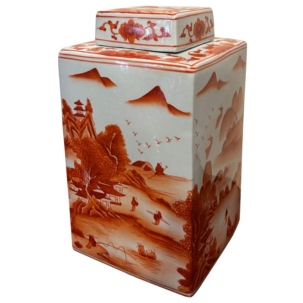 Red Orange Porcelain Scenery Chinese Tea Jar