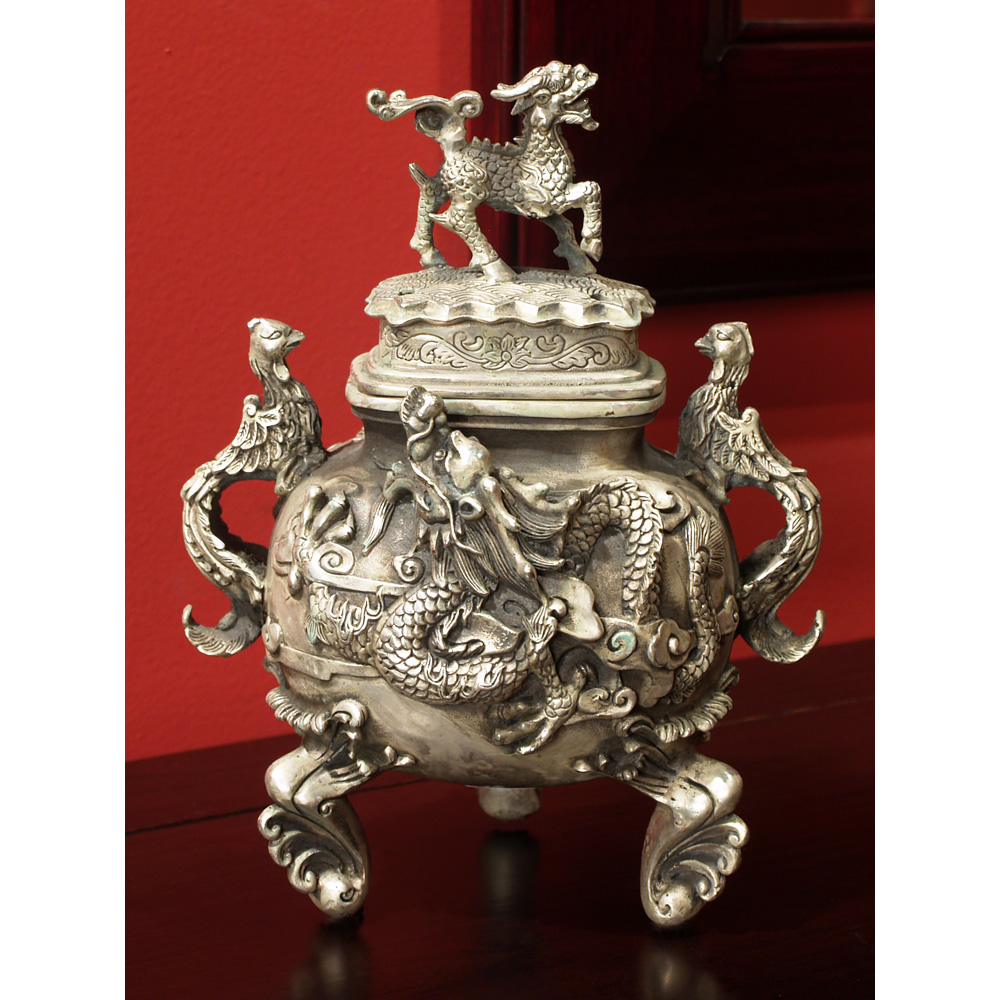 Silver Plated Incense Burner with Chinese Legendary Creatures