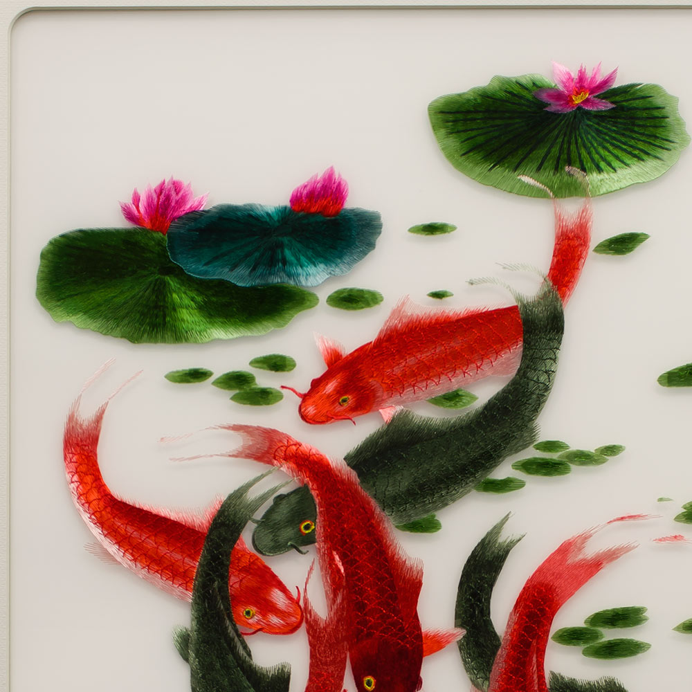 Vertical Chinese Silk Embroidery of Nine Koi Fish and Lotus Flowers