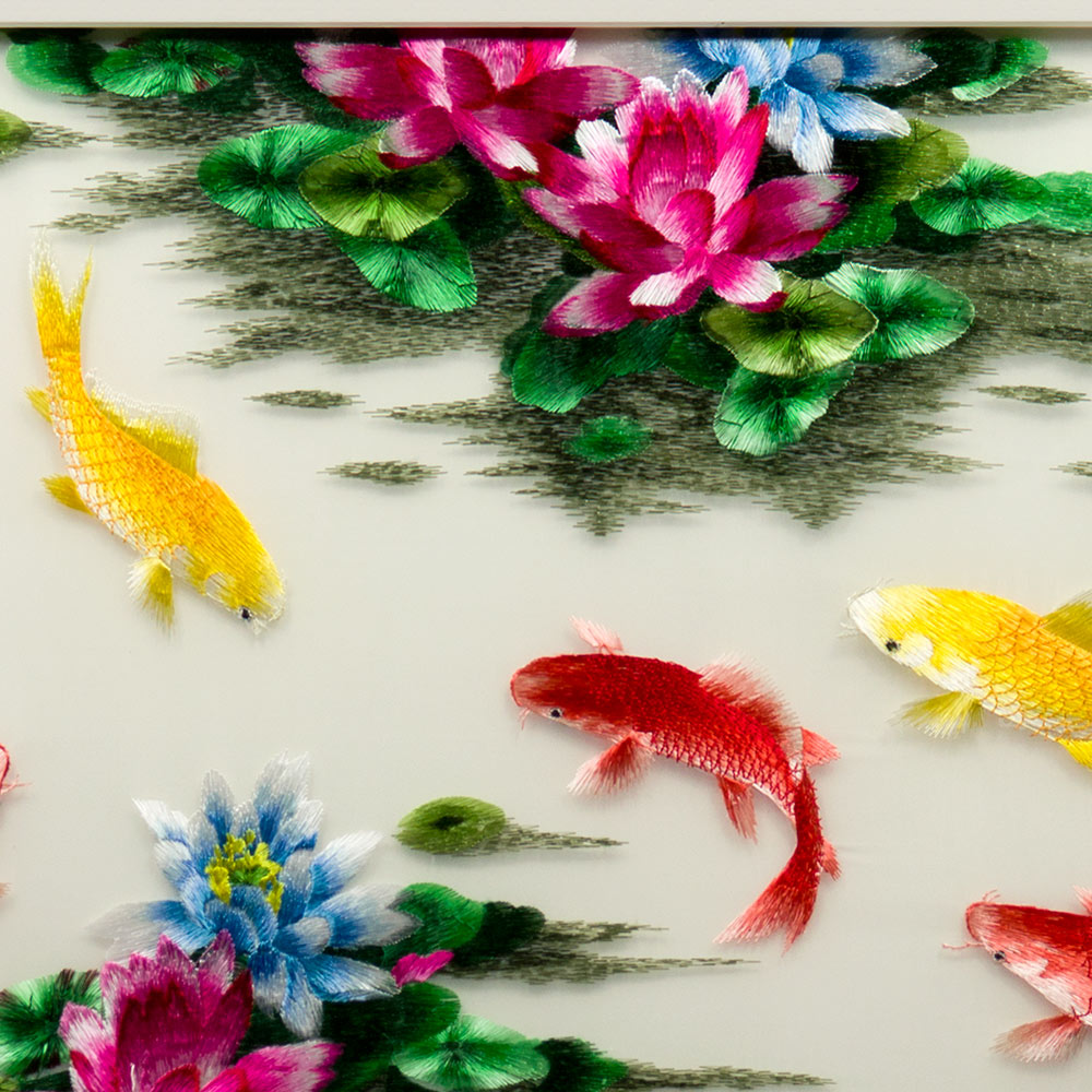 Chinese Silk Embroidery of Nine Koi Fish and Lotus Flowers