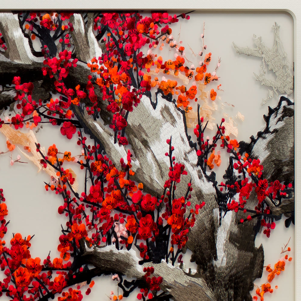 Rectangular Chinese Silk Embroidery of Red Cherry Blossom Tree