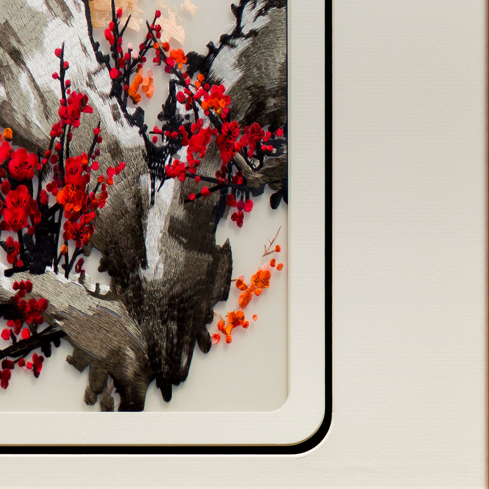 Rectangular Chinese Silk Embroidery of Red Cherry Blossom Tree