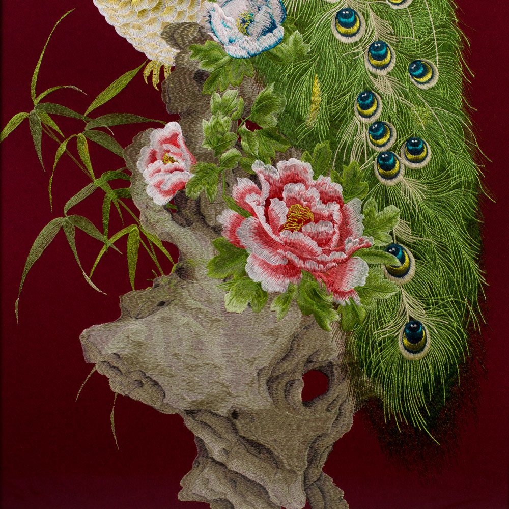 Grand Chinese Silk Embroidery of Peacocks and Peony Frame