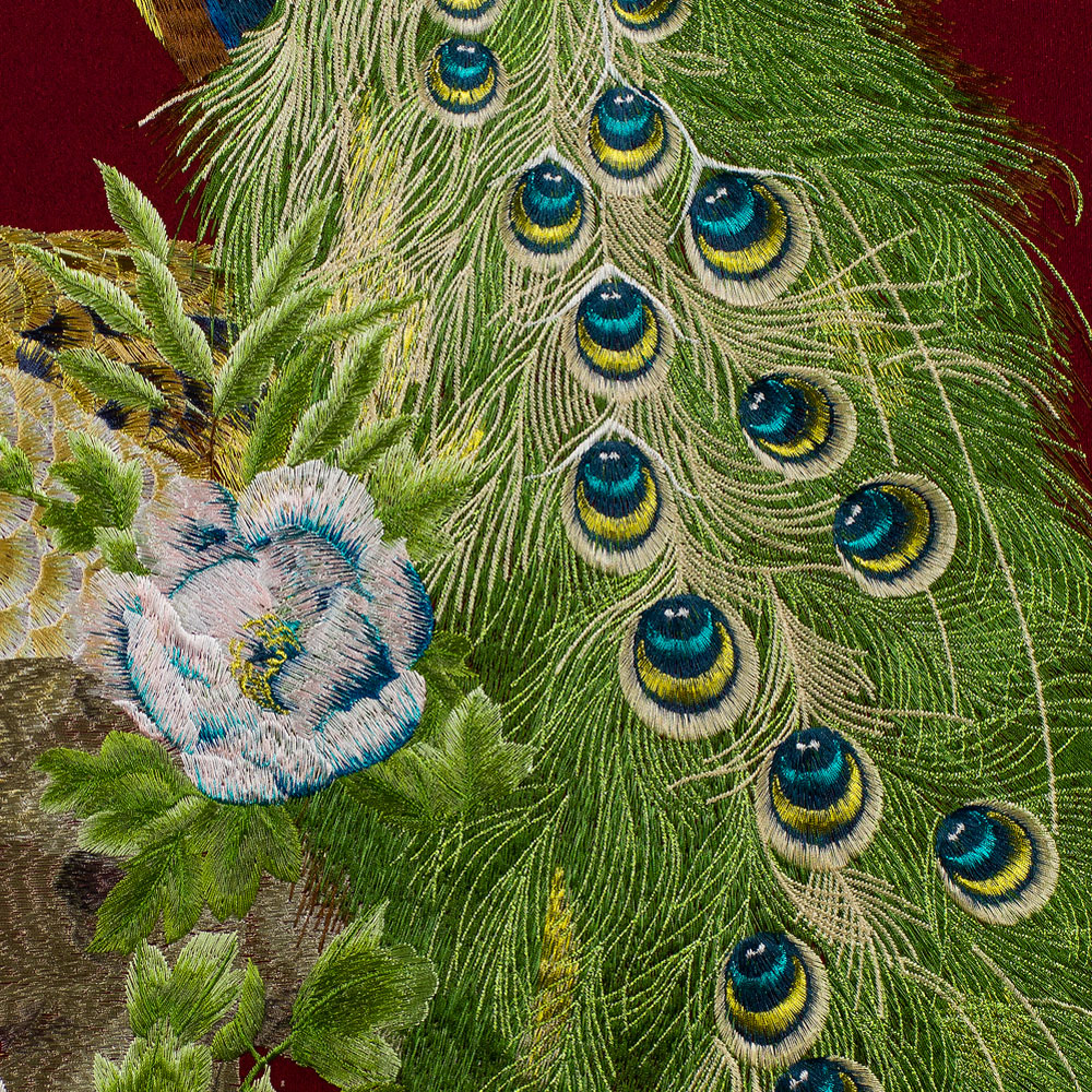 Grand Chinese Silk Embroidery of Peacocks and Peony Frame