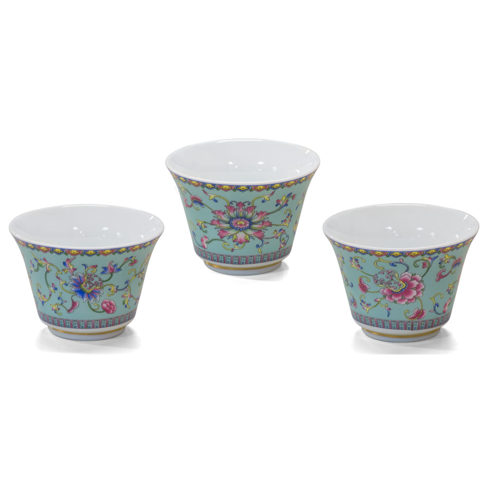 Light Teal Porcelain Chinese Floral Tea Cup Set with Gift Box