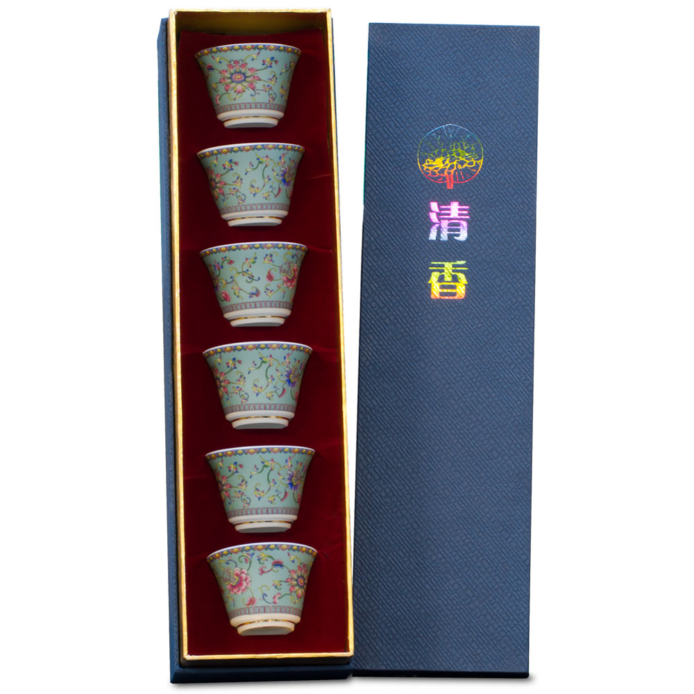 Light Teal Porcelain Chinese Floral Tea Cup Set with Gift Box