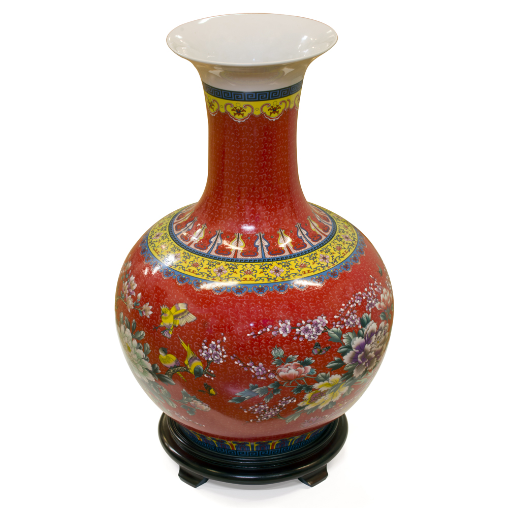 Red Flower and Birds Chinese Porcelain Temple Vase