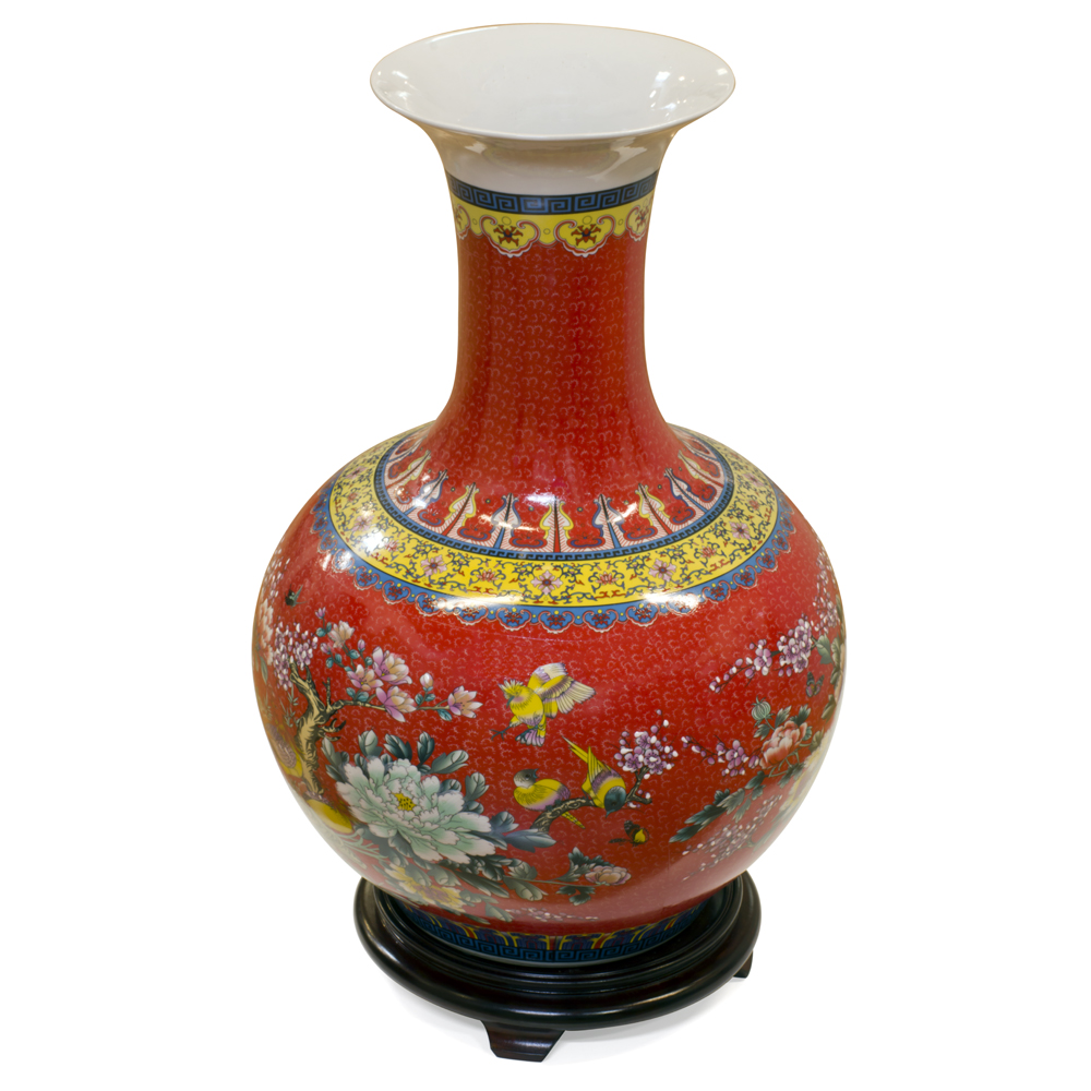 Red Flower and Birds Chinese Porcelain Temple Vase