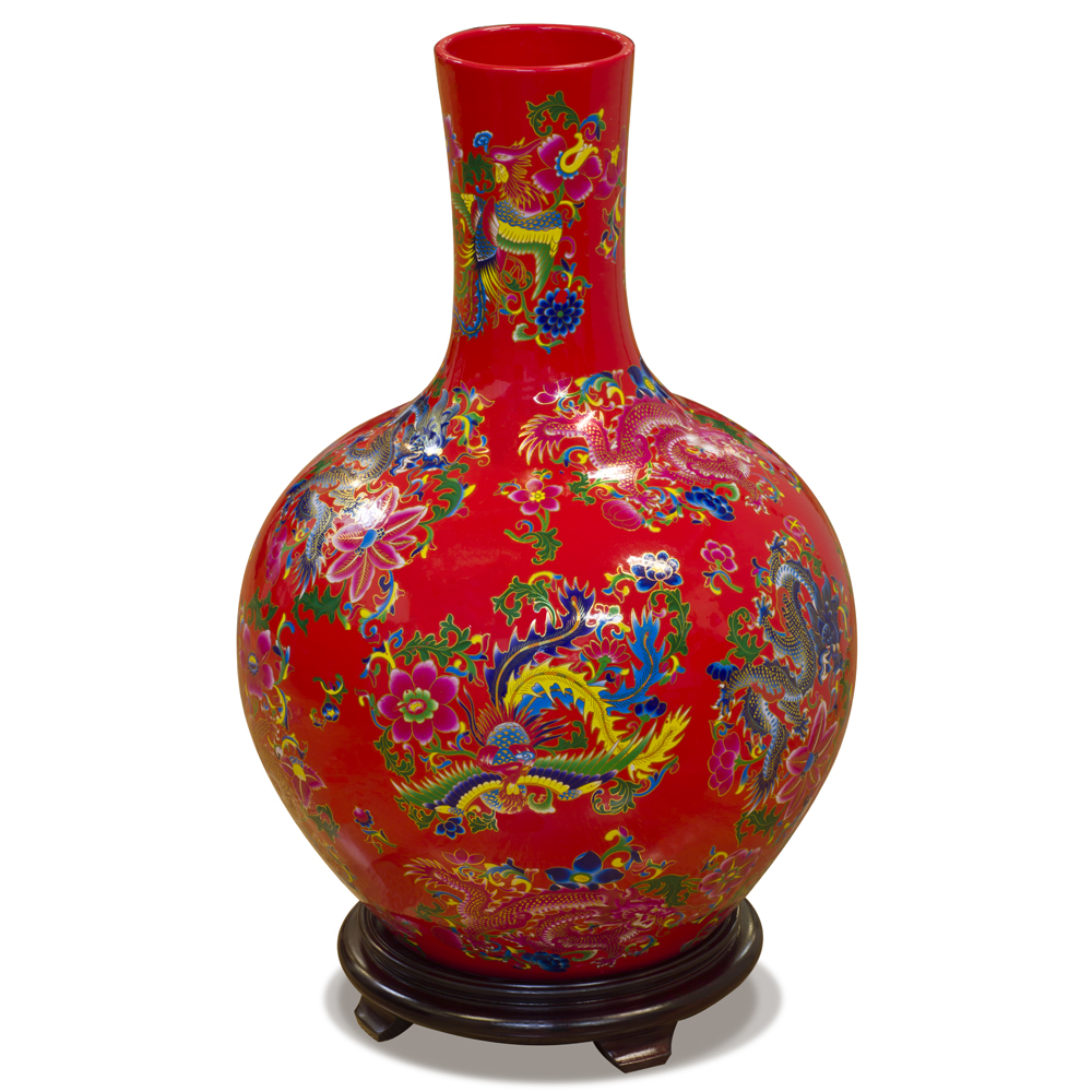 Red Dragon and Phoenix Imperial Chinese Porcelain Temple Vase