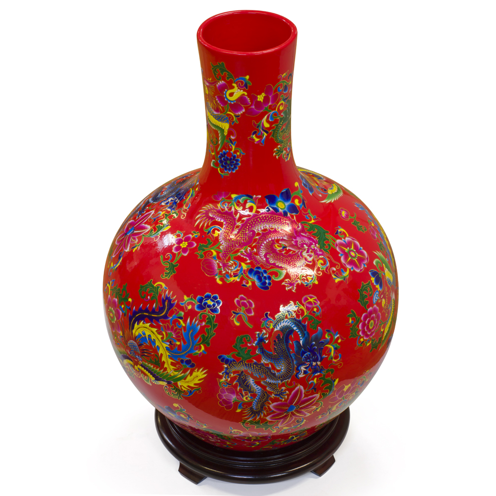 Red Dragon and Phoenix Imperial Chinese Porcelain Temple Vase