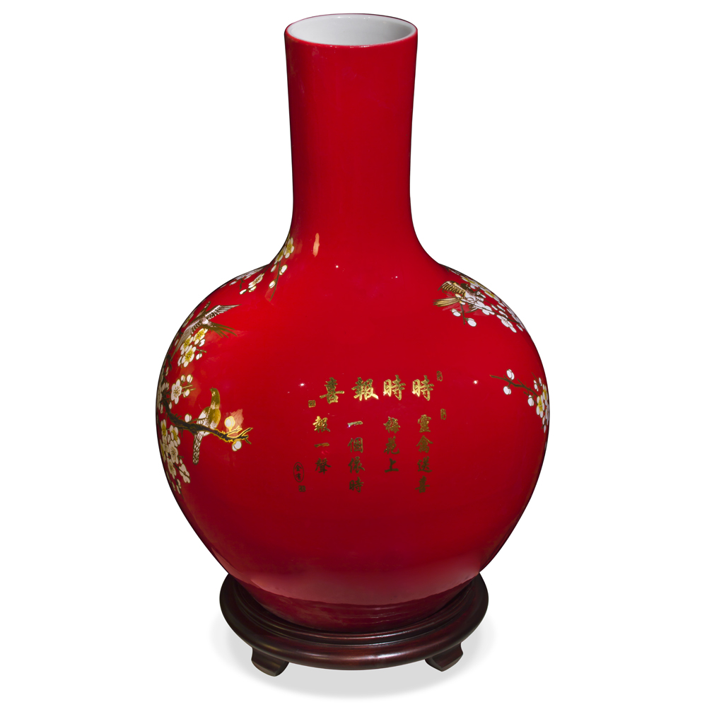 Red Cherry Blossom Chinese Porcelain Temple Vase