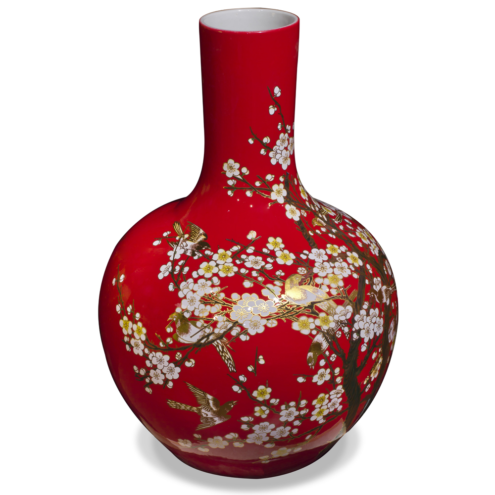 Red Cherry Blossom Chinese Porcelain Temple Vase