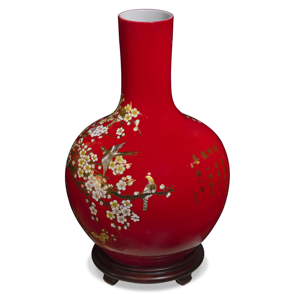 Red Cherry Blossom Chinese Porcelain Temple Vase