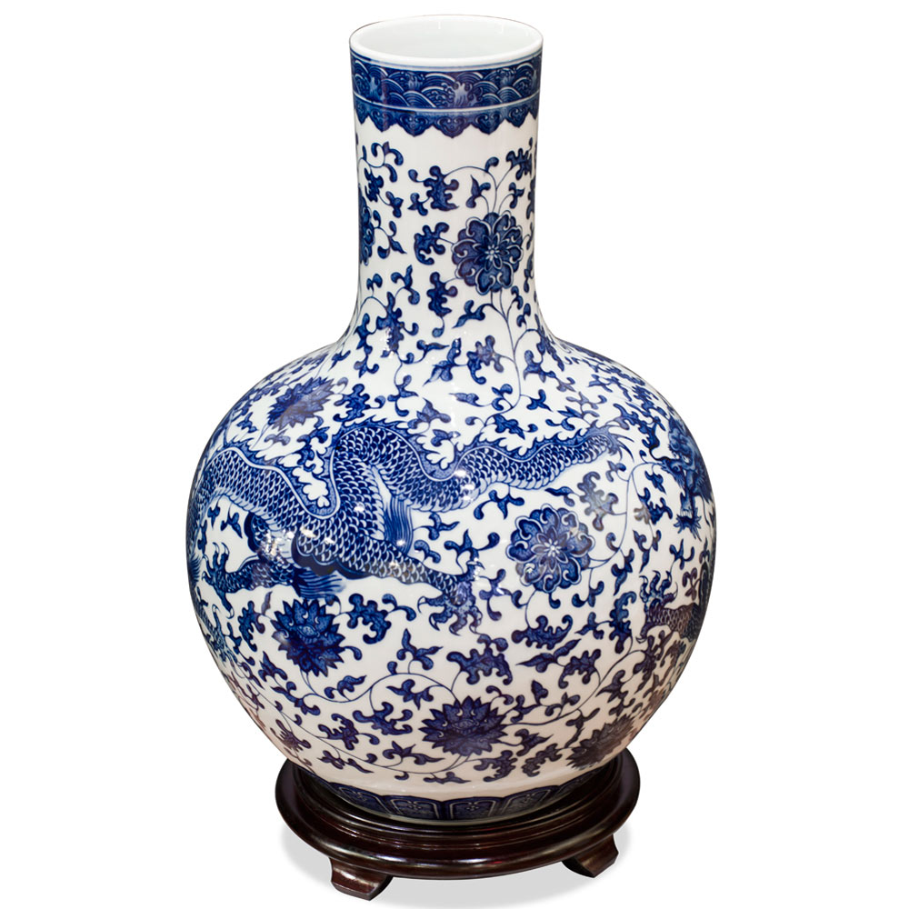 Blue and White Dragon Imperial Chinese Porcelain Temple Vase