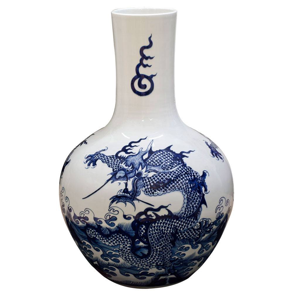 Blue and White Dragon Motif Chinese Porcelain Temple Vase