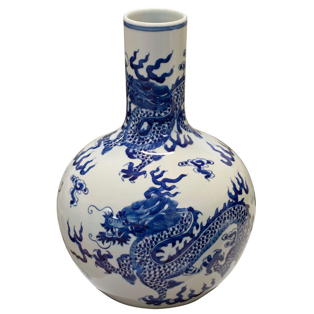 Blue and White Dragon Motif Chinese Porcelain Temple Vase