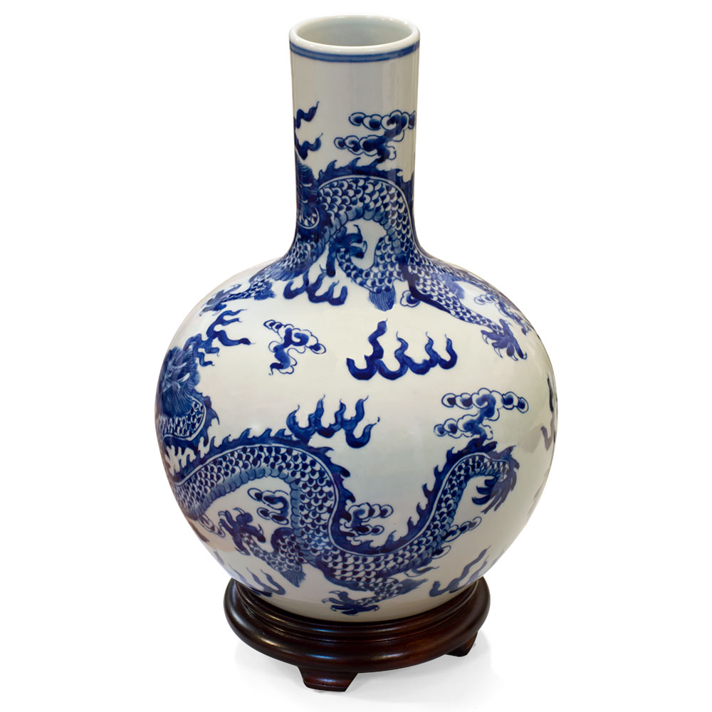 Blue and White Dragon Motif Chinese Porcelain Temple Vase