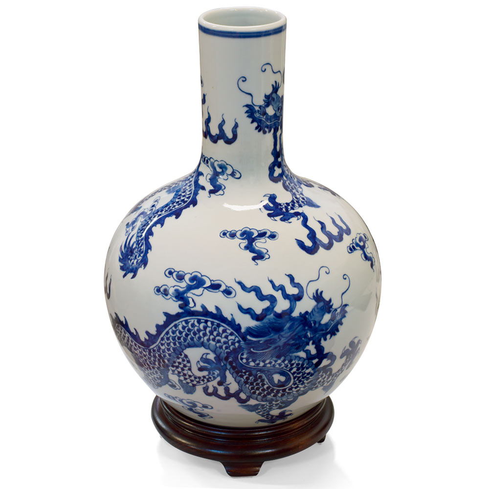 Blue and White Dragon Motif Chinese Porcelain Temple Vase