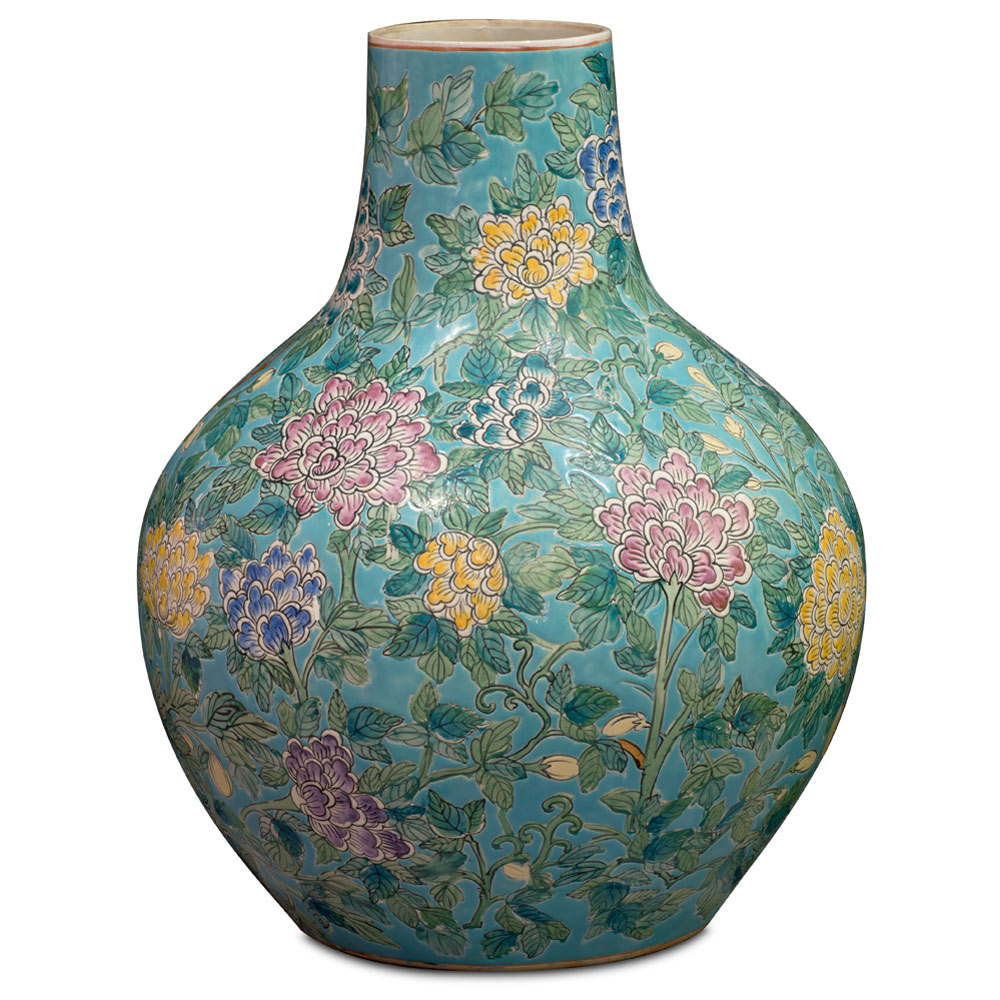 Vintage Teal Blue Peony Flower Chinese Porcelain Temple Vase