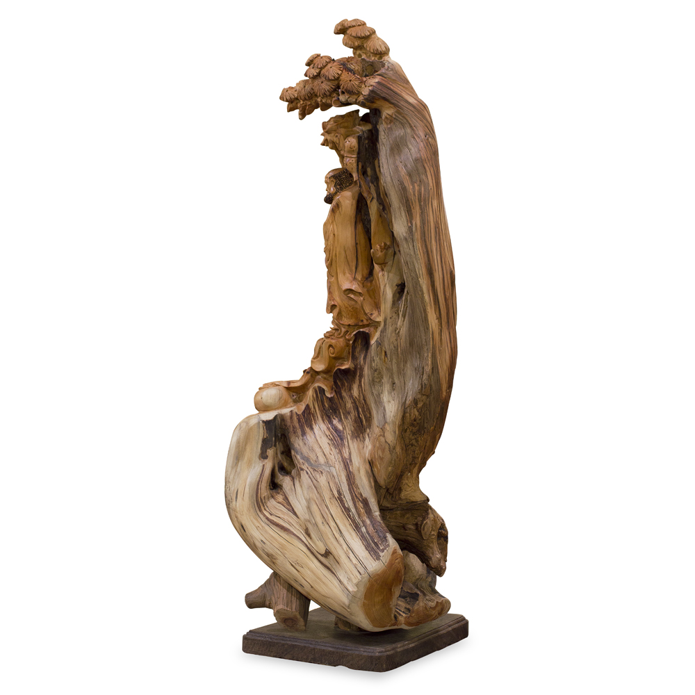 Cedar Wood Root Damo with Pine Tree Asian Sculpture