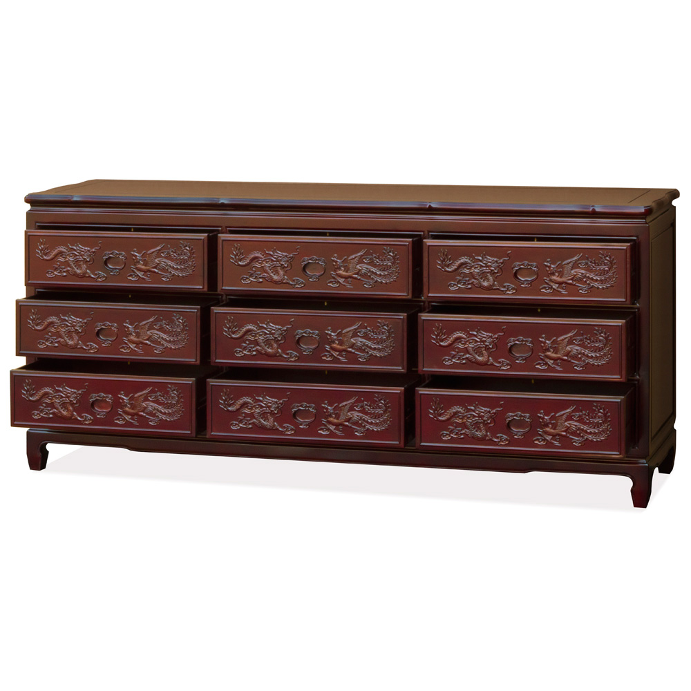 Dark Cherry Rosewood Dragon and Phoenix Oriental Chest of 9 Drawers