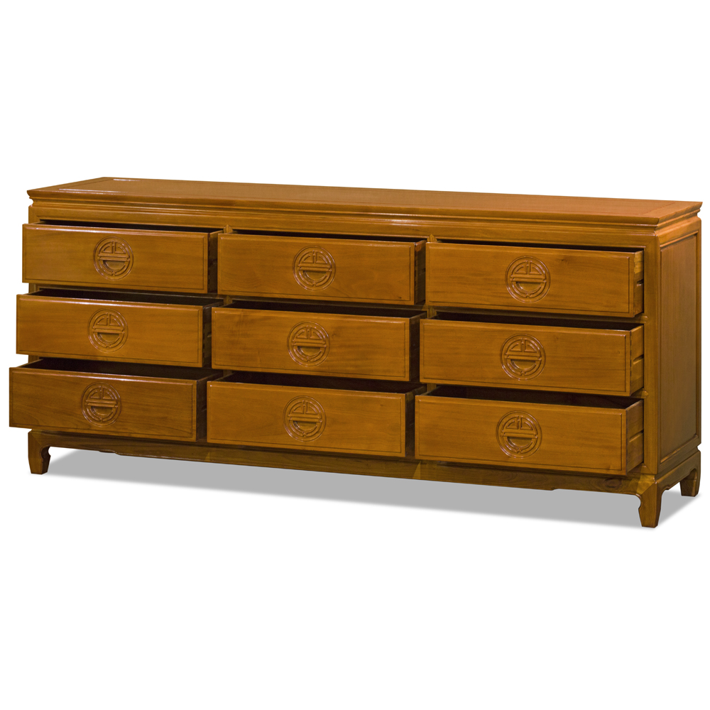 Natural Finish Rosewood Chinese Longevity Chest of 9 Drawers