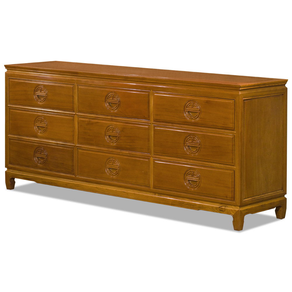 Natural Finish Rosewood Chinese Longevity Chest of 9 Drawers